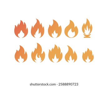 Collection of Fire Icons in Gradient Orange.This image showcases a set of various fire icons, ranging from simple flames to more elaborate torch-like designs, in a gradient of orange hues.