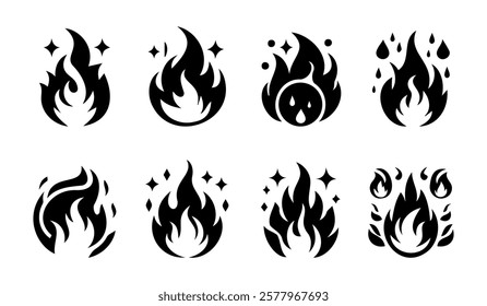 Collection of fire icons in silhouette style on white background