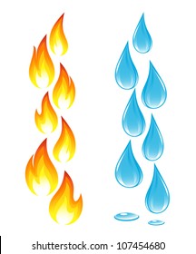 Collection of fire icons and water drops