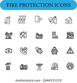 A collection of fire protection icons displayed on a grid. The icons include a fire extinguisher, sprinkler system, fire alarm, flame symbol, burning house, fire truck, firefighting boot, house with