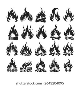 collection of fire silhouettes, burning fire silhouette icons, campfire icons 