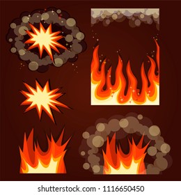 Collection Fire, Spark, Star, Smoke, Heat, Hell, Hot in a flat style cartoon. Dark background. Colorful hand drawn vector stock illustration.