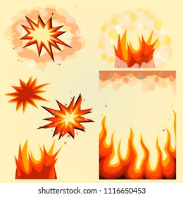 Collection Fire, Spark, Star, Smoke, Heat, Hell, Hot in a flat style cartoon. Light background. Colorful hand drawn vector stock illustration.