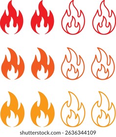 Collection of fire symbols in various colors and styles is showcased. Featuring red, orange and yellow flames on a clean white backdrop.