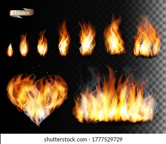 Collection of fire vectors - flames and a heart shape. Vector.