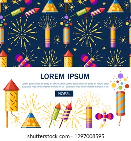 Collection of firecracker. Pyrotechnic colorful icon set. Firework for New Year celebration. Flat vector illustration on white and dark blue background.