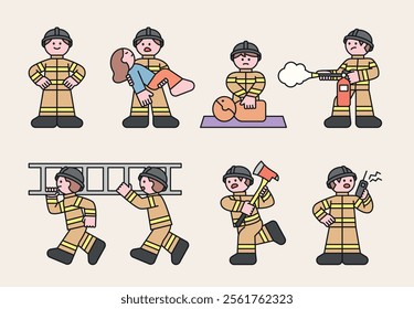 A collection of firefighter characters. They rescue people, perform CPR, carry ladders, axes, and fire extinguishers, and communicate on the radio. Cuttiny character with outline.