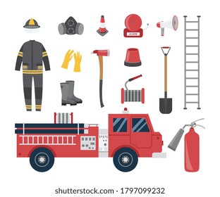 Collection of firefighter or fireman forces symbols including car and uniform, flat vector illustration isolated on white background. Set of fireman equipment.