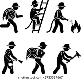 A collection of firefighter icons demonstrating different rescue operations and equipment