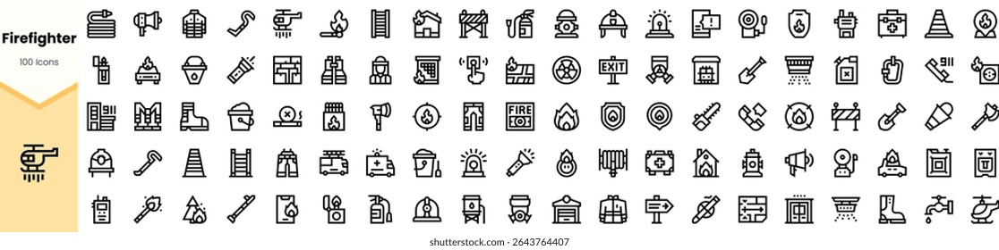 A collection of firefighter icons, showcasing various tools and equipment like helmets, hoses, and alarms, emphasizing safety and emergency response in monochrome style.
