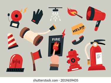 A collection of firefighters equipment. flat design style minimal vector illustration.