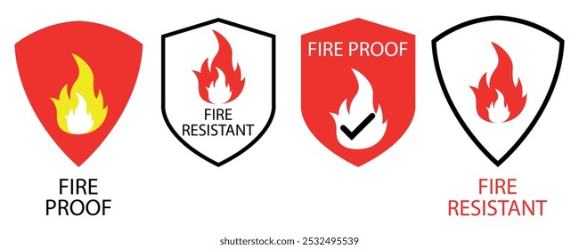 Colección de iconos a prueba de fuego. Icono resistente al fuego. Icono de protección contra incendios con escudo. Letrero de material resistente al fuego. Ilustración vectorial aislada sobre fondo blanco.