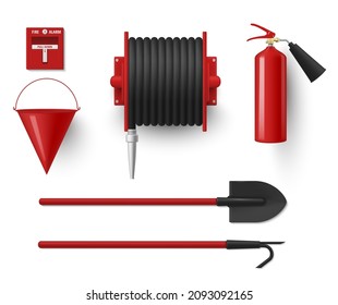 Collection fires fighting red tools vector flat illustration. Set of flame protective equipment fire extinguisher, shovel, hose, bucket, lever isolated. Special protection instrument for firefighters