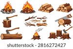 Collection of firewood elements. Campfire, logs, stacked wood, branches, axe in stump, saw, and small smoking fire.