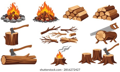 Collection of firewood elements. Campfire, logs, stacked wood, branches, axe in stump, saw, and small smoking fire.