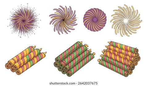 A Collection of Firework Designs and Rolled Fireworks on the Ground