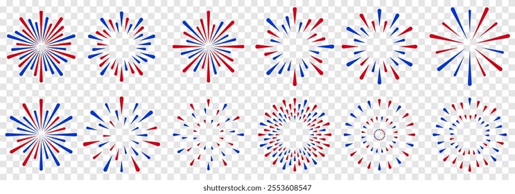 A collection of firework icons showcasing stars and sparks. Simple red and blue line illustrations are isolated on both white and transparent backgrounds, ideal for festive and decorative designs.