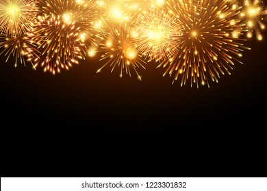 Collection of firework and light glow special effect isolated on black, Happy new year and celebration concept, vector art and illustration.