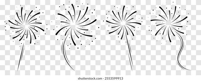 A collection of fireworks with dots and radiant sparks, isolated on a transparent background. Perfect for banners, invitations, greeting cards, and festive-themed creative projects.