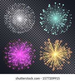 Collection of fireworks explosion isolated on transparent background. Set of bright glowing splashes for holidays celebration. Festival pyrotechnics shining in evening. Vector in flat style