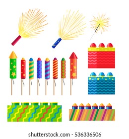 Collection of fireworks. New Year decorations. Illustration of different pyrotechnics in shape, size and colour. Attributes of New Year 2017. Bright explosions. Cartoon style. Flat design. Vector