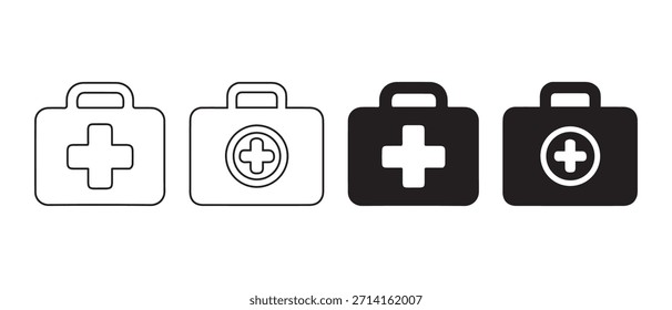 Una colección de iconos de botiquín de primeros auxilios en contorno y estilos sólidos para la salud y la seguridad.