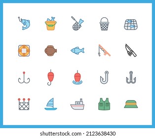 Collection of Fish color icons. Set of fishing rod, Fishing net, symbols drawn with thin contour lines. Vector illustration.