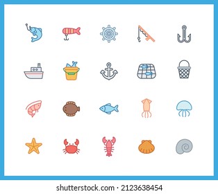 Collection of Fish color icons. Set of river, Fishing, seafood symbols drawn with thin contour lines. Vector illustration.