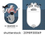 Collection of fish dishes, fish menu. Silhouette of a mermaid, sea fish, shells. Stylized design, graphic texture of the sea. Vector illustration.