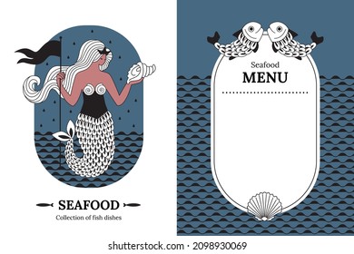 Collection of fish dishes, fish menu. Silhouette of a mermaid, sea fish, shells. Stylized design, graphic texture of the sea. Vector illustration.