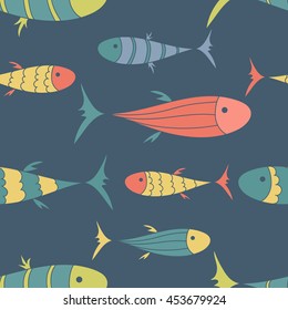Collection of fish icon hand drawn background. Doodle wallpaper vector. Colorful seamless pattern with sketch objects