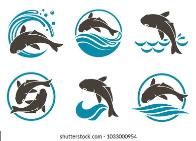 collection of fish icon with waves