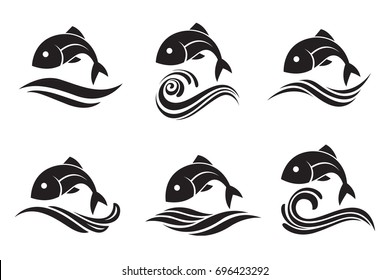 collection of fish icon with waves