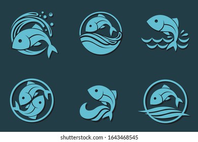 collection of fish icon with waves isolated on dark background