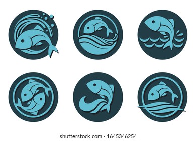 collection of fish icon with waves isolated on white background