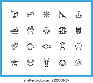 Colección de iconos lineales de peces. Conjunto de ríos, Símbolos de pesca dibujados con líneas de contorno delgadas. Ilustración vectorial.