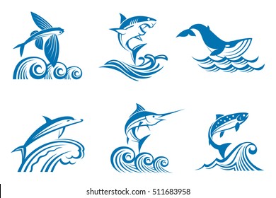 collection of fish and marine mammals on the waves