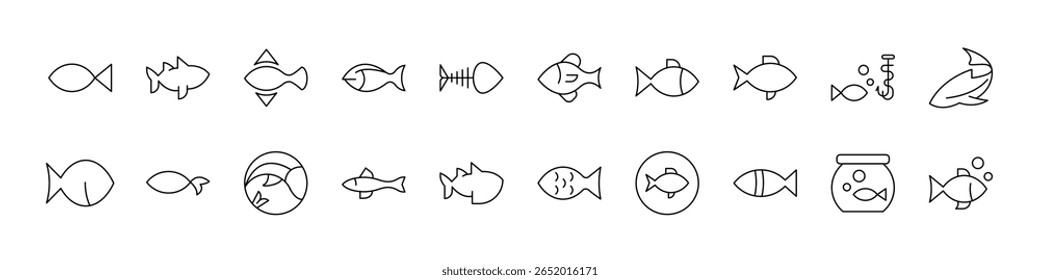Collection of Fish Related Line Icons. Outline Signs for Graphic and Web Design, Apps, Adverts, Various Cards