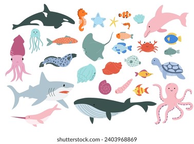 Collection of fish and sea animals isolated in white background vector illustration