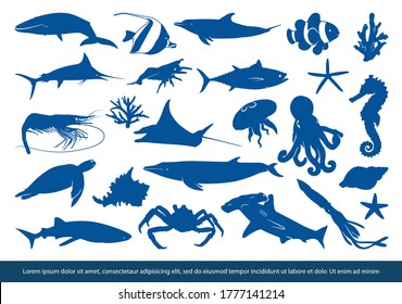 collection of fish and sea animals silhouette vector illustration 
