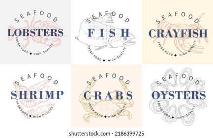 Collection of fish and seafood labels. Lobsters, shrimps, oysters, crayfish, crabs, fish in engraved style