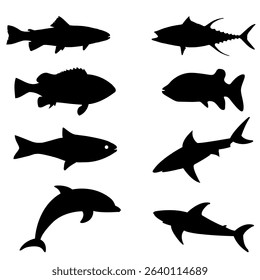 Collection of fish silhouettes with detailed shapes and variety. Great for sea life illustrations, fishing graphics, and underwater-themed designs. Clean, bold, and versatile for any creative use.

