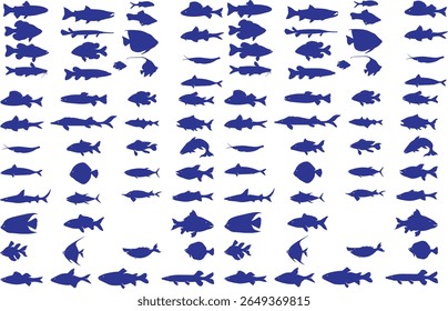 a collection of fish silhouettes on a white background
