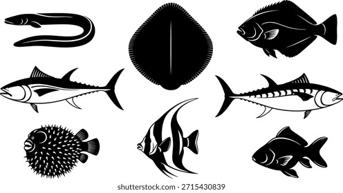 A collection of fish silhouettes in vector format, perfect for design projects, icons, and illustrations.