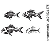 A collection of fish skeleton silhouettes, perfect for adding a touch of macabre to your designs. Isolated on a white background for easy integration. 