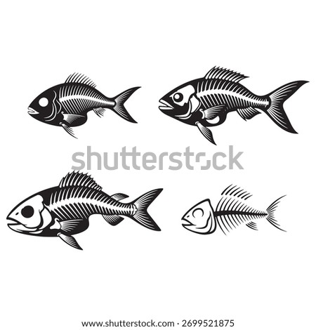 A collection of fish skeleton silhouettes, perfect for adding a touch of macabre to your designs. Isolated on a white background for easy integration. 