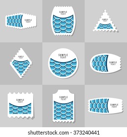 Collection of Fish Or Snake Scales postage stamp, cards, notes, stickers, labels, tags. Template for scrapbooking, wrapping, notebooks