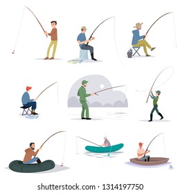 Collection of Fishermen Catching Fish with Fishing Rods, Fisher Characters Sitting on Shore and Boats Vector Illustration