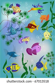 Collection of fishes swimming in algae and bubbles.
