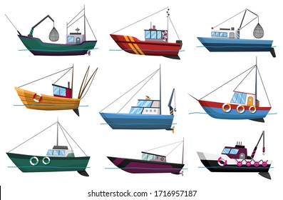 Collection of fishing boats side view isolated on white background. Commercial fishing trawlers for industrial seafood production vector illustration. Sea fishing, ships marine industry, fish boats